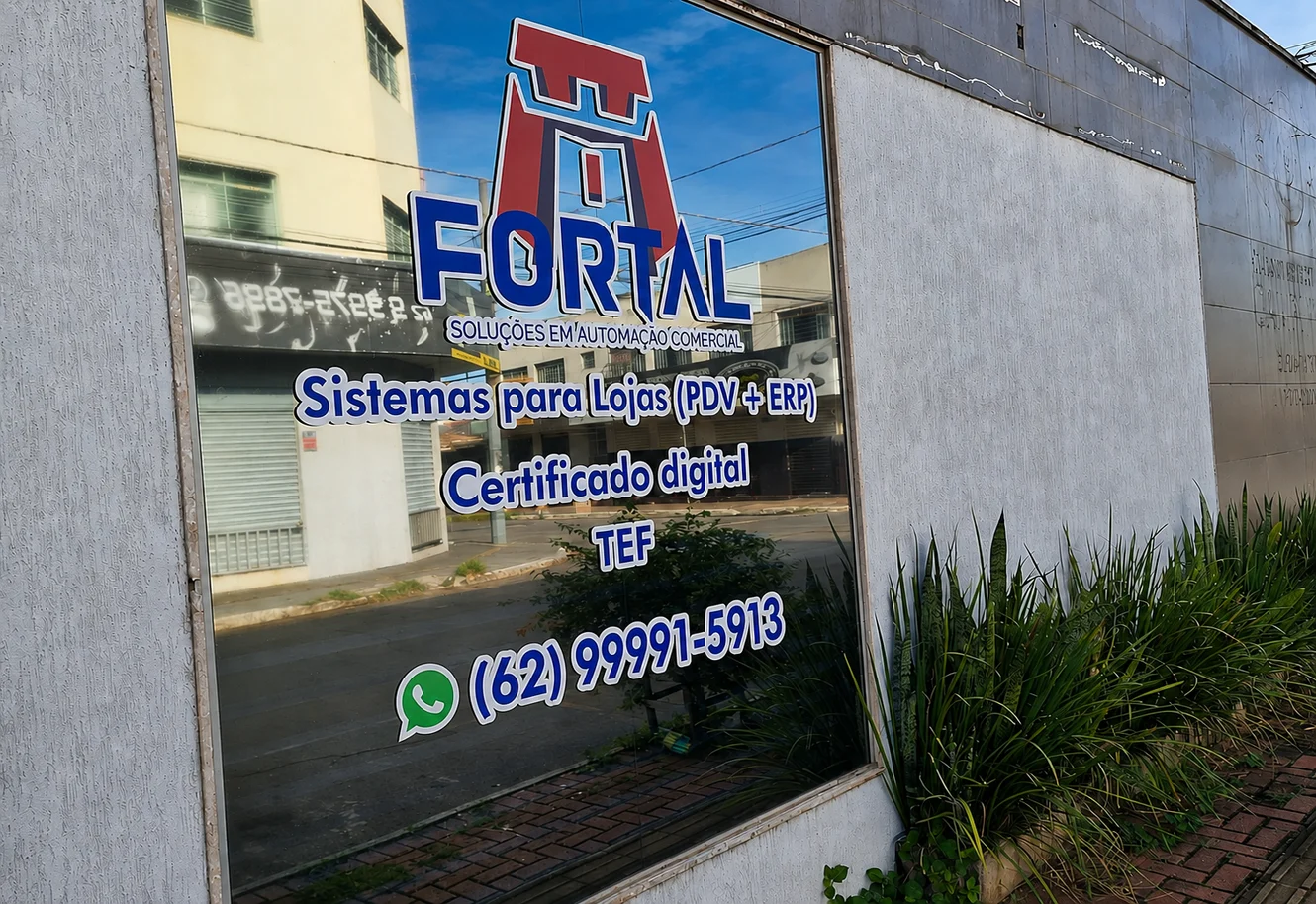 Fachada da Fortal Soluções em Goiânia: loja de esquina com vitrine de vidro espelhado, onde estão aplicados o logotipo do castelo, o nome Fortal Soluções em Automação Comercial e a lista de serviços — sistemas para lojas com PDV e ERP, certificado digital e TEF.