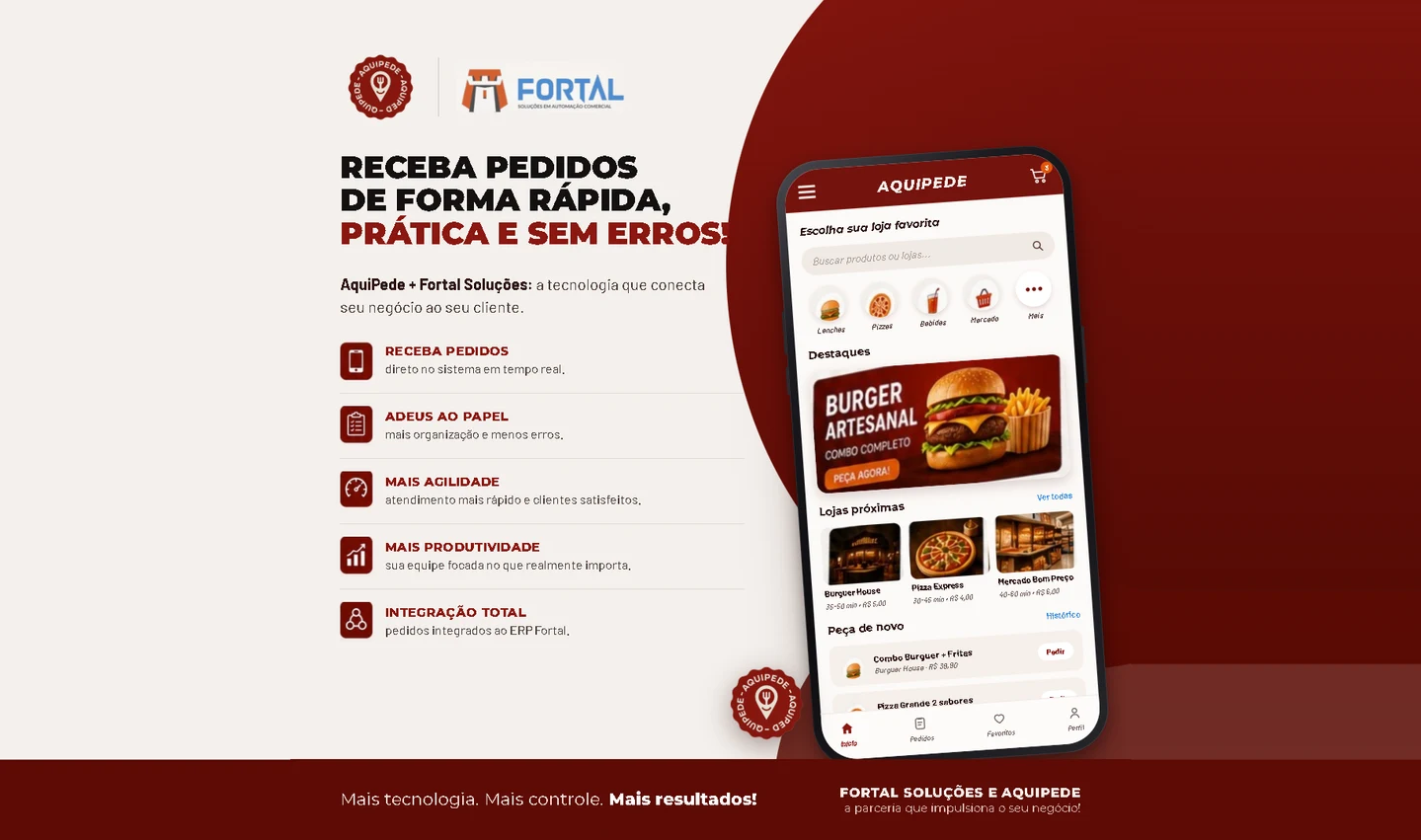 Peça do AquiPede com a Fortal Soluções: o título “Receba pedidos de forma rápida, prática e sem erros”, os cinco benefícios — pedidos direto no sistema em tempo real, adeus ao papel, mais agilidade, mais produtividade e integração total ao ERP Fortal — e, à direita, o aplicativo aberto num celular mostrando a busca de lojas, as categorias, um destaque de combo de hambúrguer e as lojas próximas com tempo e taxa de entrega