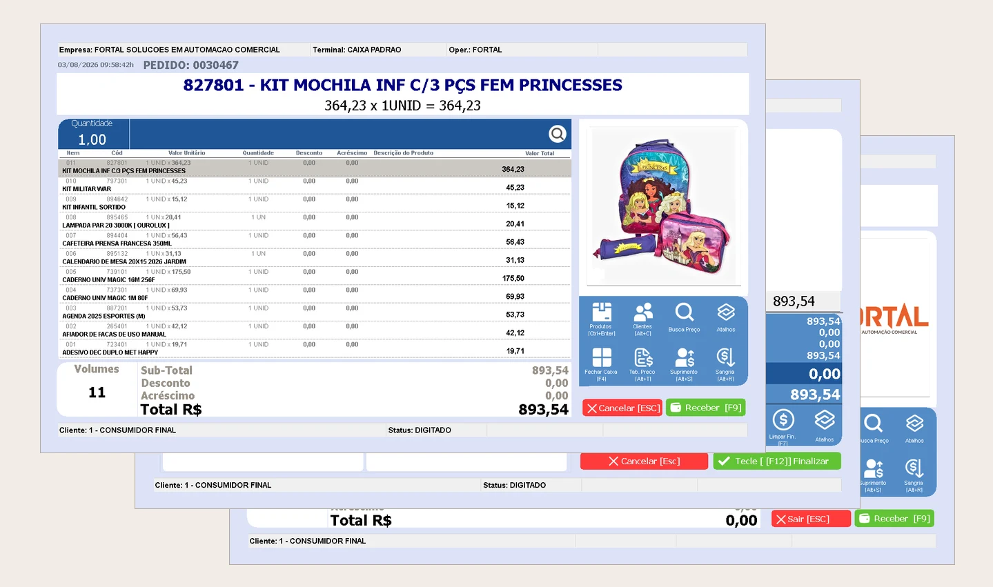 Três telas do formato PDV Moderno do sistema Fortal: a venda com onze itens, a foto do produto e o total de R$ 893,54, a de recebimento com os dez botões numerados de forma de pagamento, e o caixa fechado